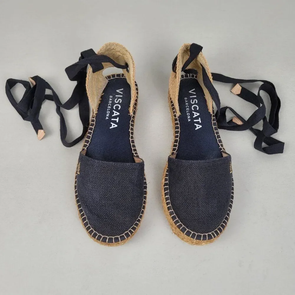 VISCATA Size 6.5 Candell Espadrille Sandals Flats Jute Black